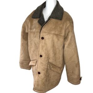 RFT Rainforest Mens Faux Sherpa Pockets Button Up Coat Beige/ Gray M